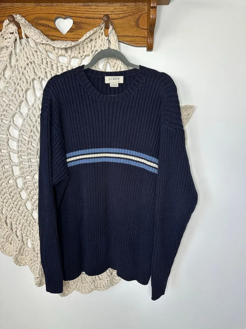 J.Crew Y2K Vintage Navy Blue Cotton Ribbed Striped Sweater Size XL